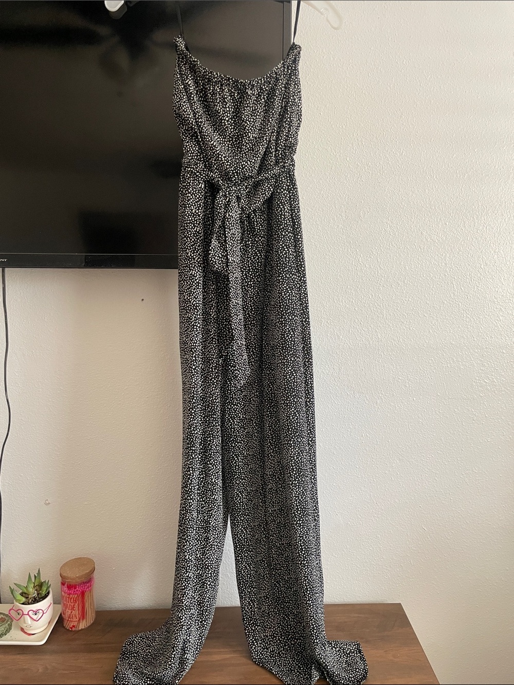 Black & White Spotted Wide-Leg Jumpsuit with Tie Waist